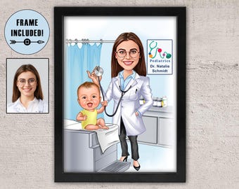 Pediatrician Cartoon Portrait: Custom Medical Doctor Gift, Framed