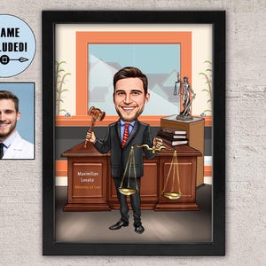 Personalized Lawyer Caricature Gift: Custom Attorney Portrait Framed Print