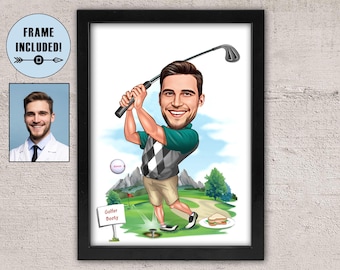 Personalized Golfer Caricature Portrait: Custom Golf Gift (Framed)