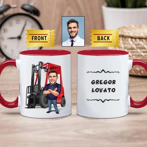Tazza personalizzata per carrellisti: divertente caricatura da cartone animato
