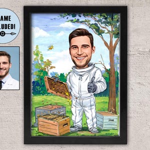 Gepersonaliseerde imker ingelijst mannelijk cartoonportret, karikatuur imker, imker cadeau, honingliefhebber, natuurliefhebbers, imker cartoon