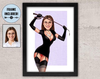 Custom Femdom Cartoon Portrait: Female Domination Framed Art