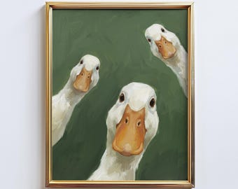 Duck Trio – Funny Duck Poster, Quirky Animal Wall Art on Green