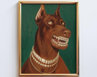 May include: A framed portrait of a brown Doberman Pinscher with a menacing expression. The dog wears a diamond necklace and has diamond-studded ears. The background is a dark green color.