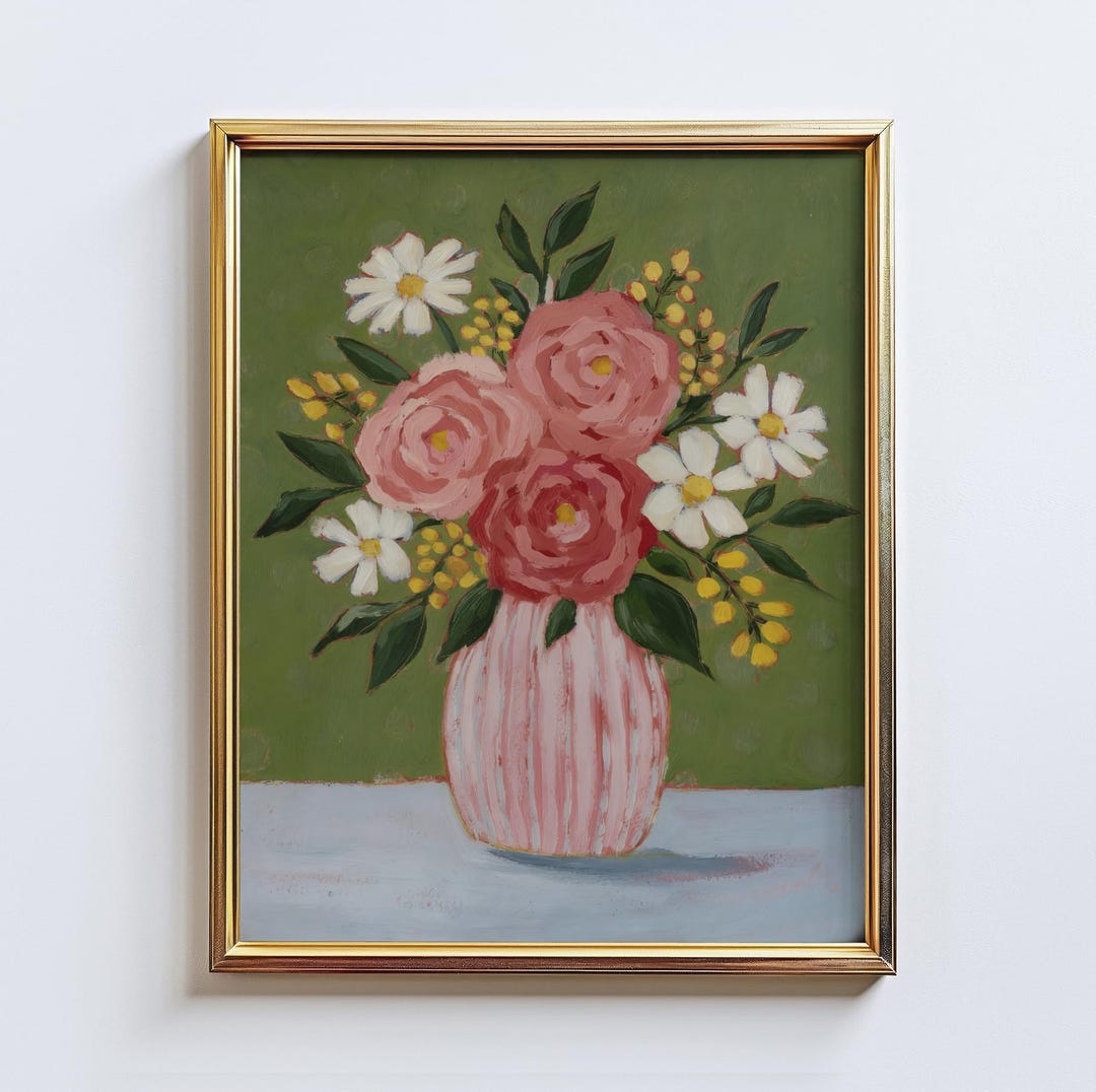 Pink Garden – Rose Daisy Bouquet Poster, Soft Floral Vase Wall Art ...