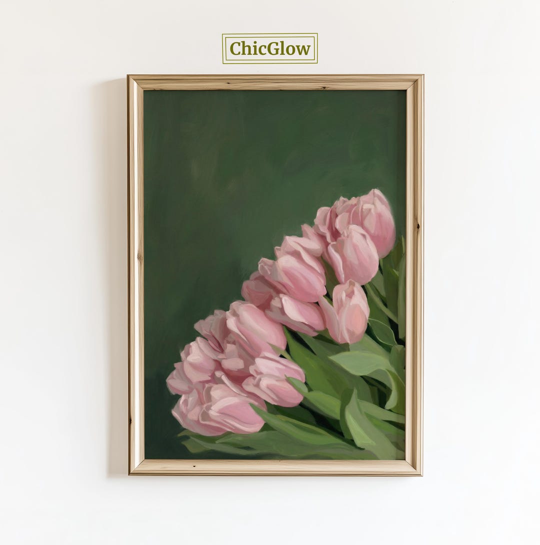Pink Tulips Poster – Soft Vintage Floral Wall Art in Green, Minimal ...