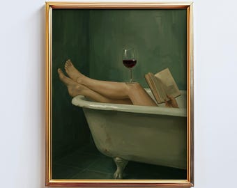 Reading in the Bath with Wine – Moody Feminine Wall Art Print in Dark Green