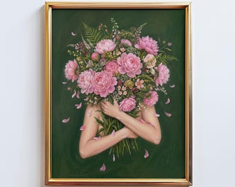 Floral Woman Poster – Romantic Feminine Portrait Wall Art in Dark Green