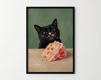 Black Cat Eating Cake Poster - Whimsical Funny Wall Art, Pink
