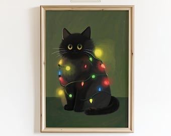 Christmas Cat Wall Art – Cute Black Cat Wrapped in Lights, Festive Holiday Animal Print, Cozy Christmas Decor for Cat Lovers