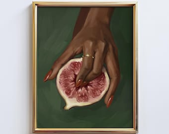 Fig Touch – Fig Wall Art Print, Feminine Fruit Poster, Sensual Kitchen Still Life Decor on Green