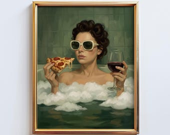 Divertente poster glamour per vasca da bagno – Arte murale retrò femminile con pizza e vino