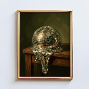 Melting Disco Ball Poster – Surreal Retro Glam Wall Art in Moody Green