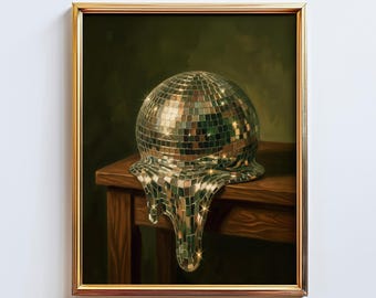 Melting Disco Ball Poster – Surreal Retro Glam Wall Art in Moody Green
