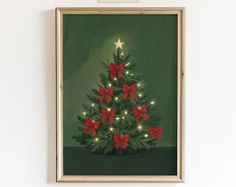 Julgransväggkonst – Elegant röd rosett jultryck, Mysig juldekoration, Grön gran med ljus, Klassisk julposter