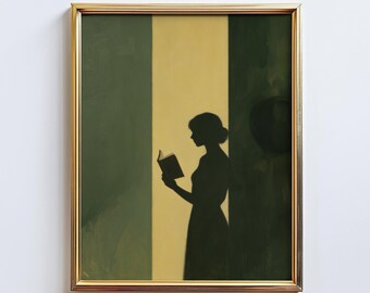 May include: A framed art print depicting a silhouette of a person reading a book. The background features vertical stripes in olive green and pale yellow. The frame has a gold-toned finish.