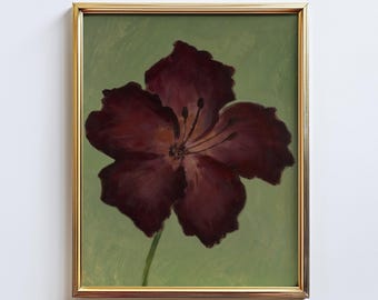 Burgundy Bloom – Dark Red Flower Painting, Moody Botanical Wall Art Print, Green Floral Poster