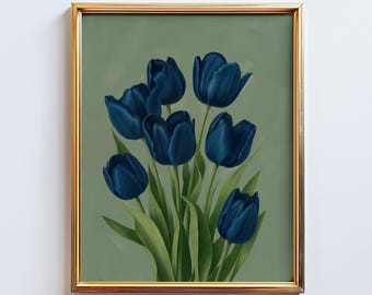 Blue Tulip Wall Art – Elegant Floral Painting Poster, Moody Green Botanical Home Decor