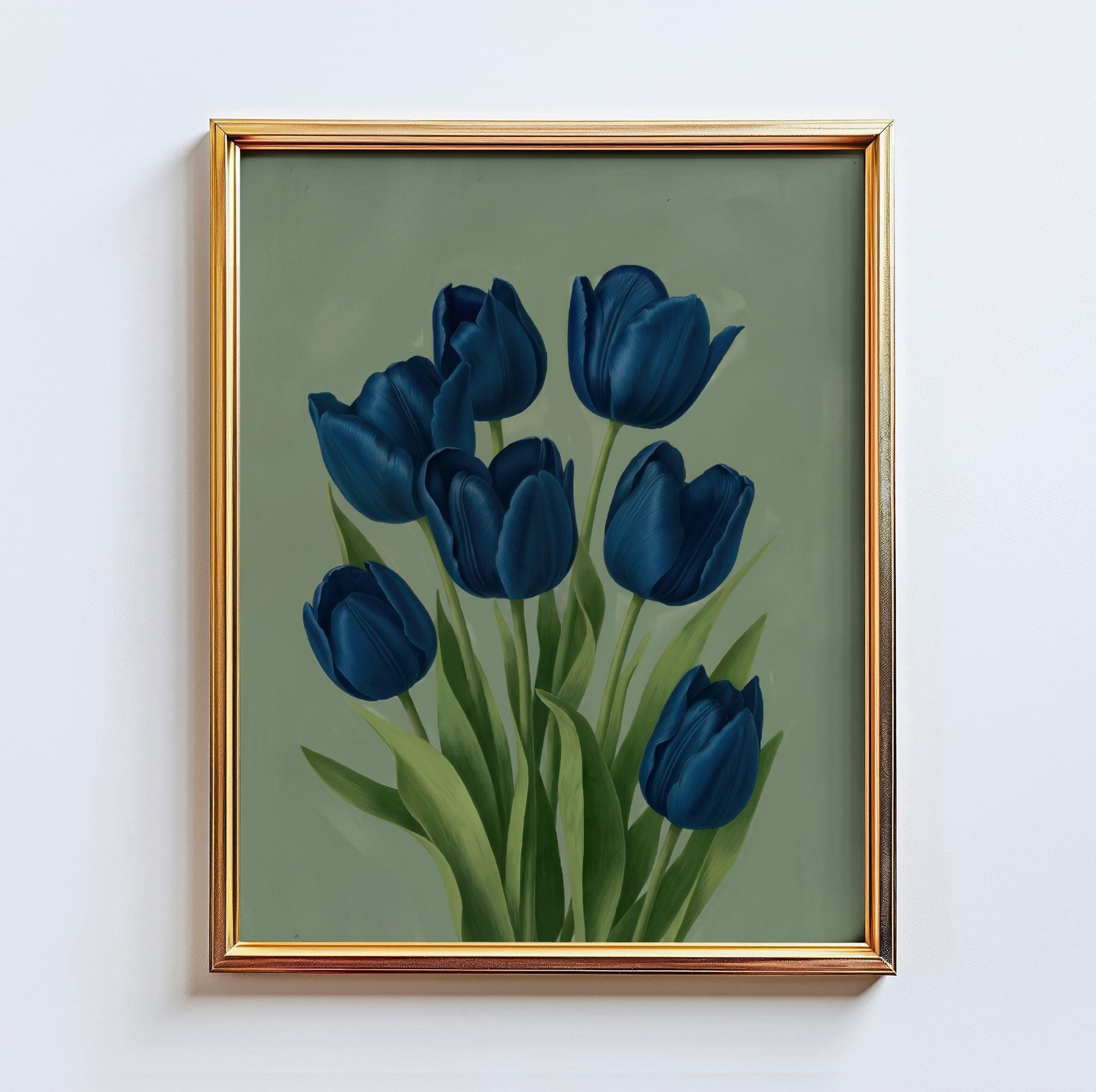 Blue Tulip Wall Art – Elegant Floral Painting Poster, Moody Green ...