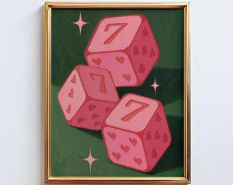 May include: A framed art print featuring three pink dice with the number 7 on each face. The dice are decorated with small heart shapes and set against a dark green background with star accents. The frame is gold.