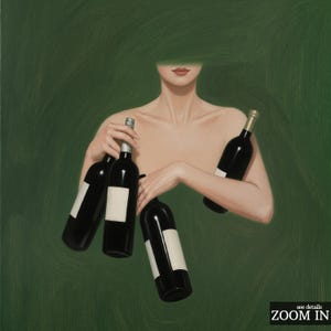 May include: An artistic painting featuring a person holding several black wine bottles with white labels against a green background. The bottles have silver and gold bottle tops. The image has a surreal, dreamlike quality.