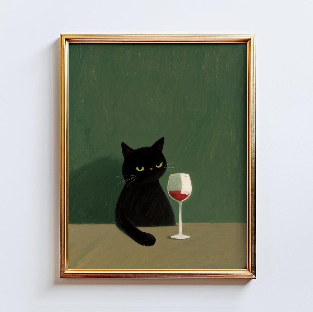 Black Cat With Wine Glass – Moody Minimalist Wall Art, Funny Cat Poster ...