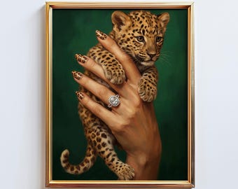 Wild Tenderness Decor – Leopard Cub Feminine Wall Art , Vintage Green Luxury Poster