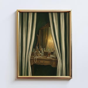 May include: A framed painting of a vanity scene. A wooden vanity with a mirror is adorned with perfume bottles and jewelry. White and green striped curtains frame the scene, creating a sense of privacy and elegance. The painting is in a gold frame.
