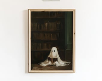 Cozy Ghost Reading Wall Art – Moody Halloween Poster, Vintage Library Aesthetic Decor