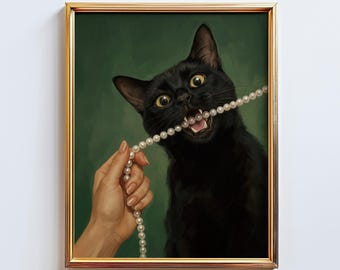 Black Cat with Pearls Poster – Moody Whimsical Wall Art, Feline Luxury Illustration, Dark Green Aesthetic Print