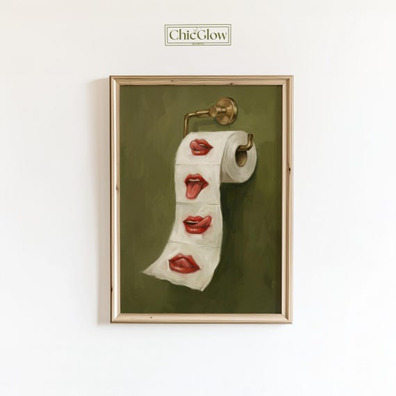 Red Lips Toilet Paper Poster - Funny Bathroom Wall Art, Retro Glam Humorous Decor