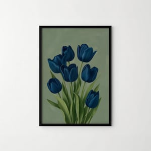 May include: A framed art print featuring a bouquet of deep blue tulips against a muted green background. The flowers have lush, rounded petals and are set off by green leaves. The artwork is enclosed in a black frame, suitable for home decor.