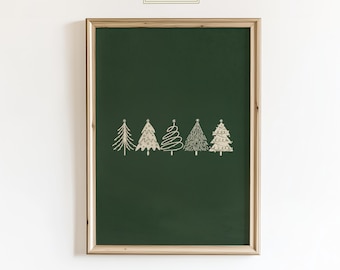 Minimal Christmas Trees Wall Art – Olive Green Holiday Poster, Modern Neutral Christmas Decor