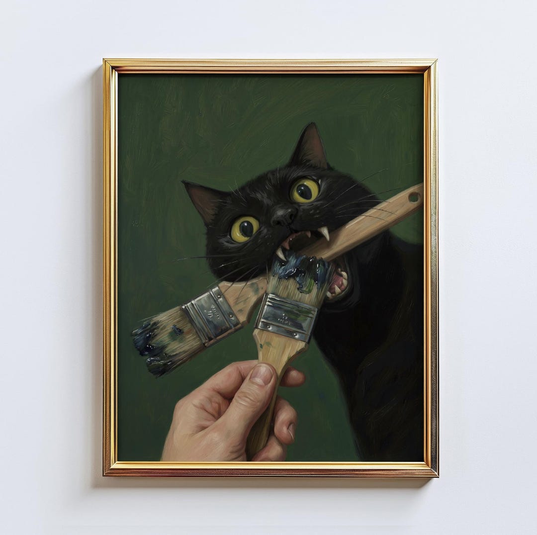 Studio Bite – Black Cat Wall Art Print, Funny Artist Cat Poster, Quirky ...