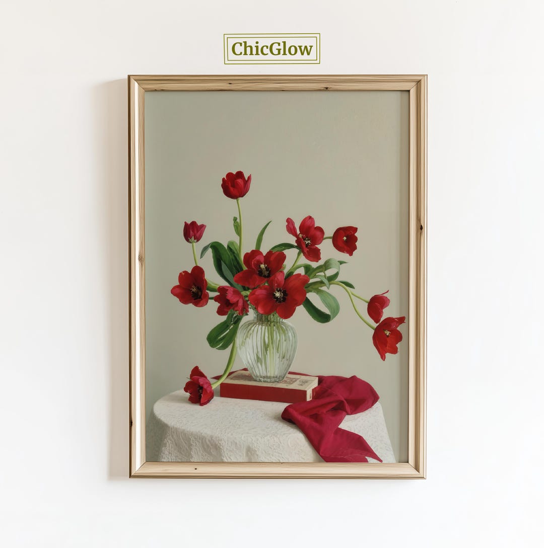 Red Tulip Still Life Poster – Vintage Floral Wall Art With Cream ...