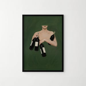 May include: An artistic print featuring a person holding several wine bottles against a green background. The bottles are dark with white labels. The person's face is partially obscured by a green hat or veil.
