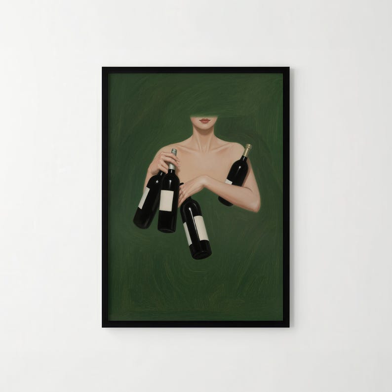 May include: An artistic print featuring a person holding several wine bottles against a green background. The bottles are dark with white labels. The person's face is partially obscured by a green hat or veil.