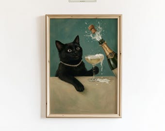 May include: A framed print depicting a black cat wearing a pearl necklace, holding a champagne glass as a bottle of champagne is being opened. The print has a teal background and the text "ChicGlow".