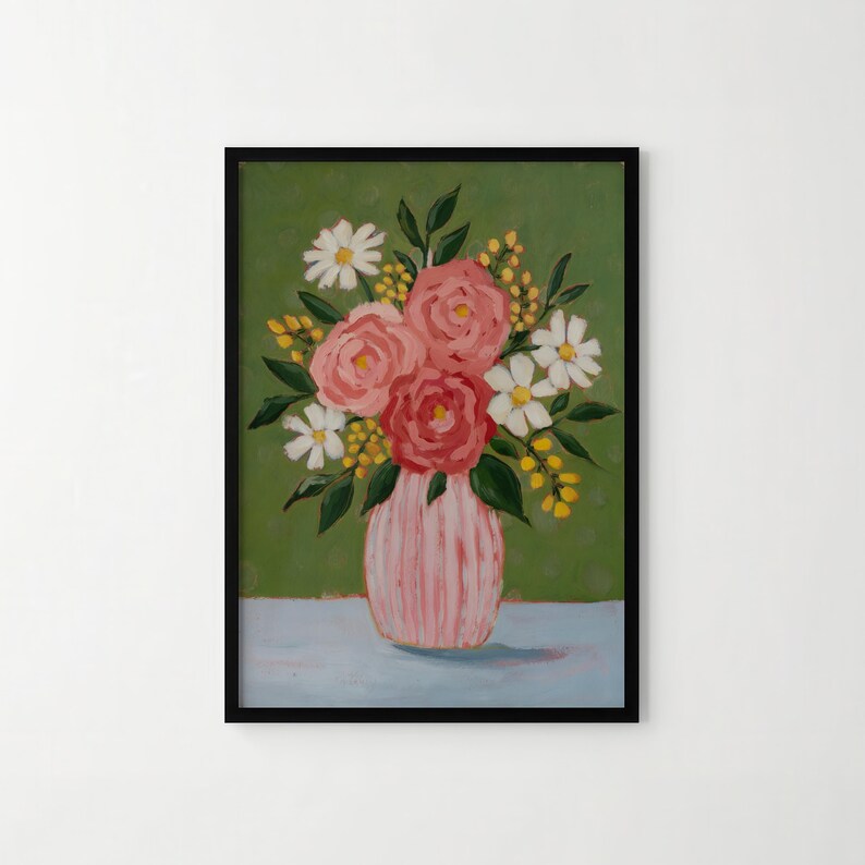 Pink Garden – Rose Daisy Bouquet Poster, Soft Floral Vase Wall Art ...