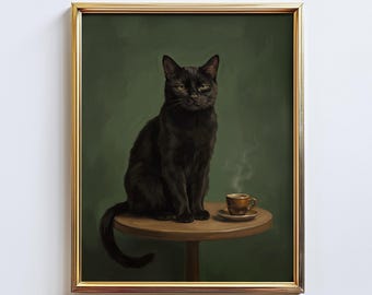 以下が含まれることがあります： 小さな丸いテーブルに座っている黒猫が描かれた額入りのアートプリント。猫の隣には湯気の立つコーヒーカップがあります。背景は濃い緑色で、フレームは金色です。