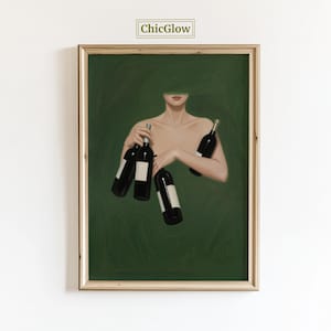 May include: A framed art print featuring a person holding several wine bottles against a dark green background. The person's face is partially obscured by a green shape. The artwork has a vintage aesthetic, with the text "ChicGlow" in the top corner.