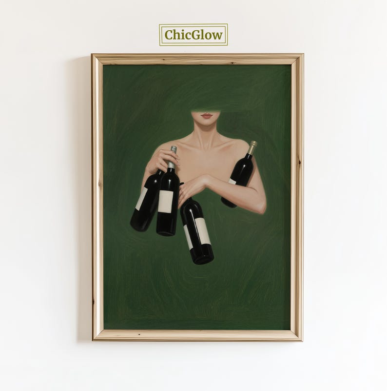 May include: A framed art print featuring a person holding several wine bottles against a dark green background. The person's face is partially obscured by a green shape. The artwork has a vintage aesthetic, with the text "ChicGlow" in the top corner.