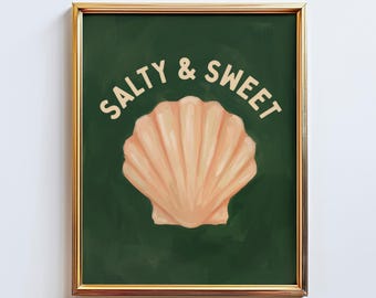 Salty & Sweet Poster – Minimal Shell Wall Art, Playful Quote Illustration, Moody Green Aesthetic Print