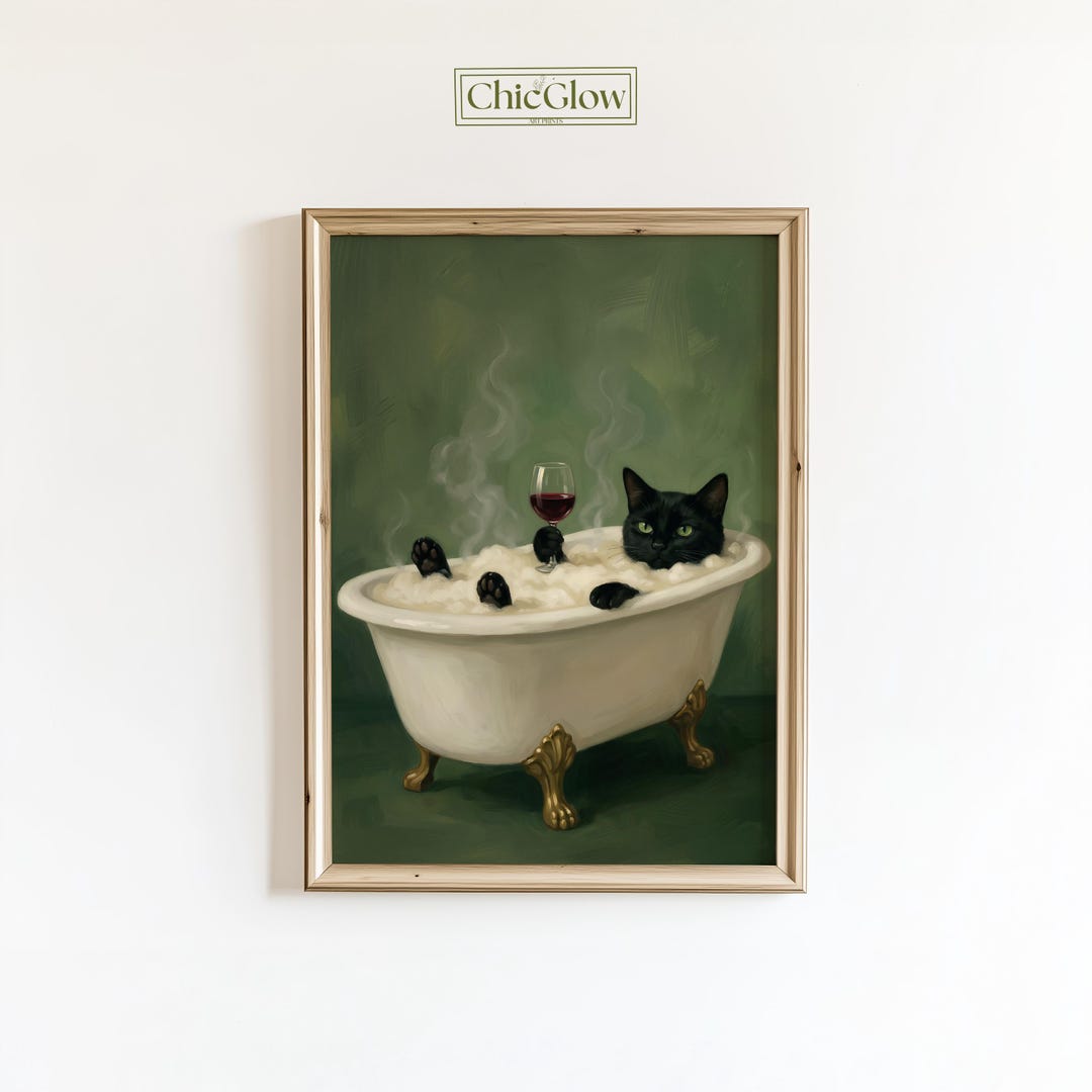 Moody Black Cat in Bathtub Poster – Whimsical Wine Cat Wall Art, Dark ...