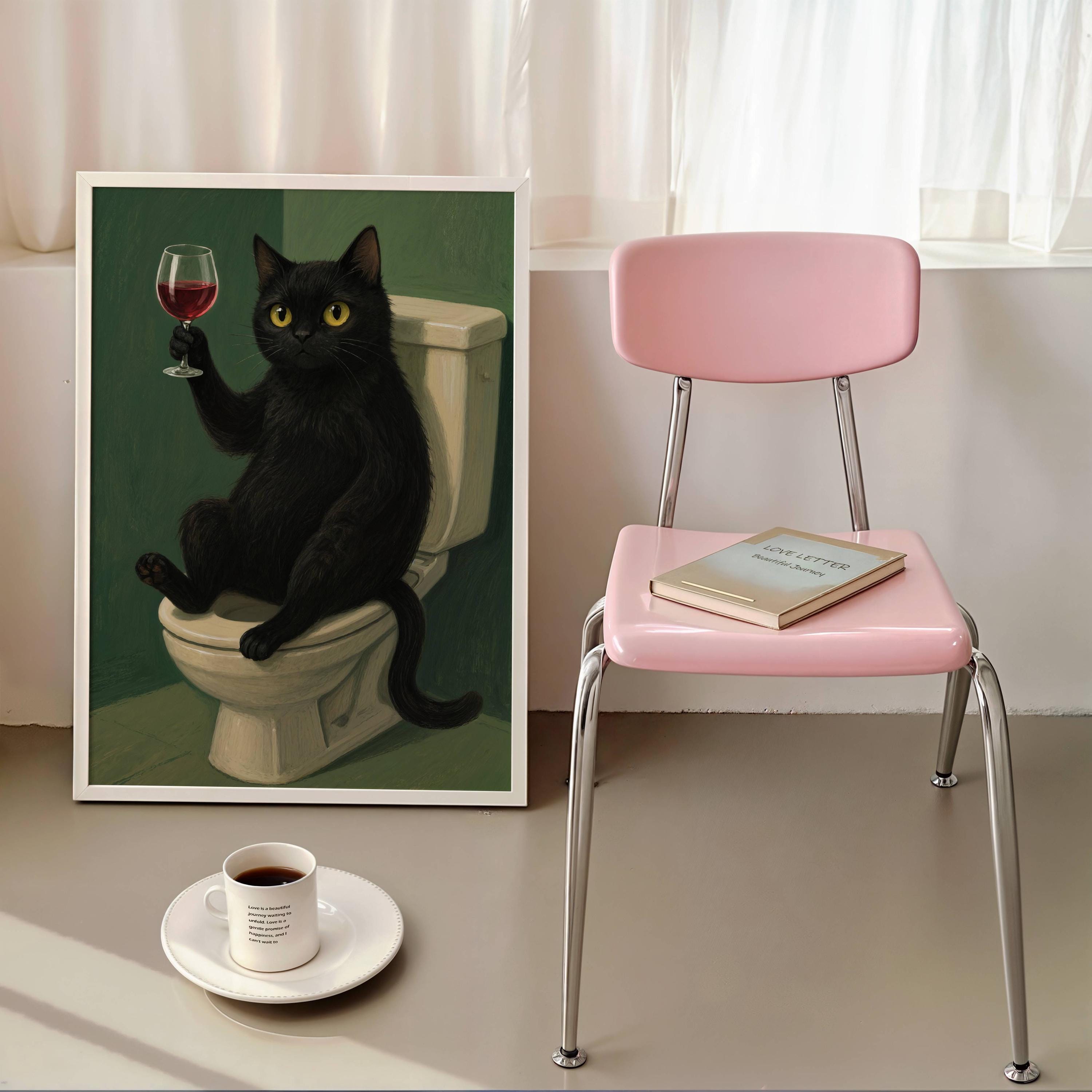 Funny Black Cat Bathroom Art – Wine Lover Cat Print, Quirky Toilet Wall ...