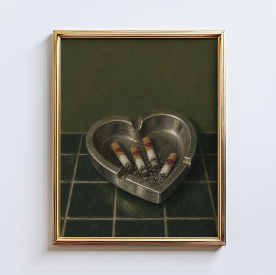 Heart Ashtray – Lipstick Cigarette Wall Art Print, Moody Green Feminine Grunge Poster
