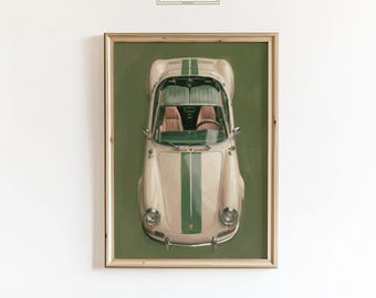 Retro Classic Car Poster – Moody Olive Green Wall Art, Vintage Sports Car Decor