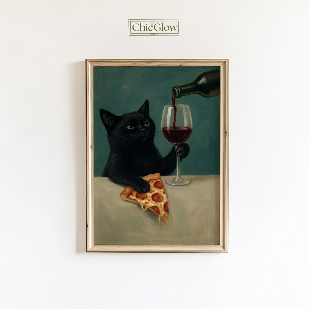Moody Black Cat Poster – Wine & Pizza Funny Wall Art, Dark Humor ...