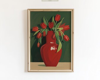Art mural vase tulipe rouge - affiche de natures mortes florales audacieuses, peinture botanique moderne pour décoration d'intérieur