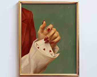Póster del As de Corazones: Arte mural de naipes femenino en verde tenue, decoración audaz y afortunada.